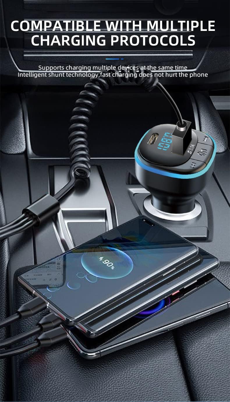 OHITEC Bluetooth 5.0 FM Transmitter for Car, Hands Free Calling, Built-in Over-Current Protection, 5V/3.1A Quick Charger & Blue Colors LED Backlit Car Radio Bluetooth Adapter, Support USB Disk - Image 3